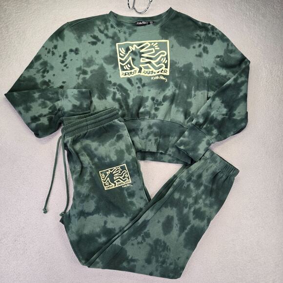Keith Haring Sweatshirt XXL Green Tie Dye Cropped Matching Set Pants M Womens - Picture 1 of 16